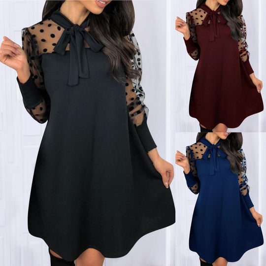 Damen Chiffonkleid mit eleganter Schleife und gepunktetem Design EB