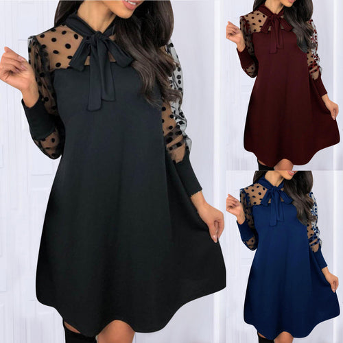 Damen Chiffonkleid mit eleganter Schleife und gepunktetem Design EB