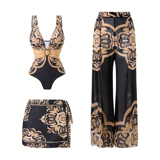 Damen Eleganter Badeanzug mit passendem Strandhosen-Set EB