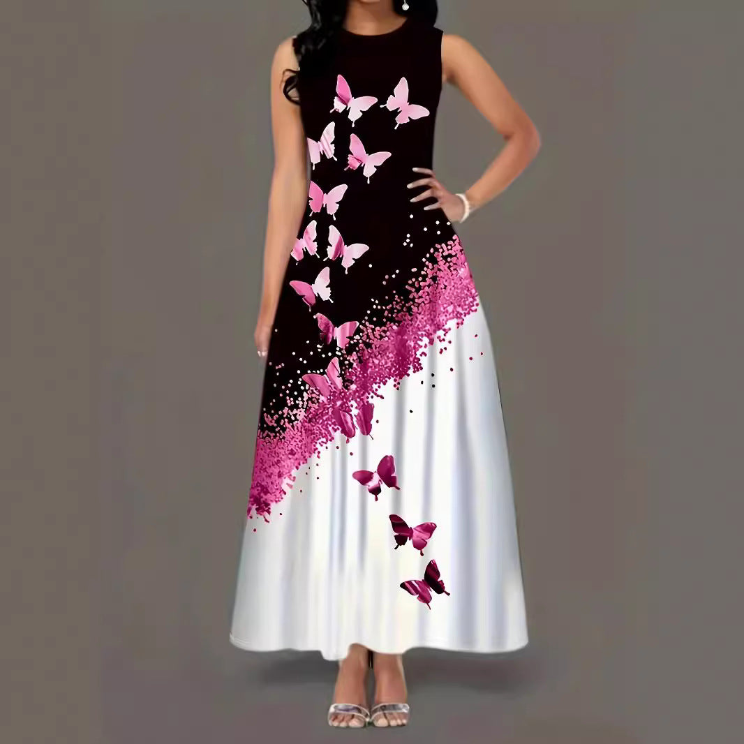 Damen Maxikleid mit buntem Schmetterlingsdruck und fließendem Saum EB