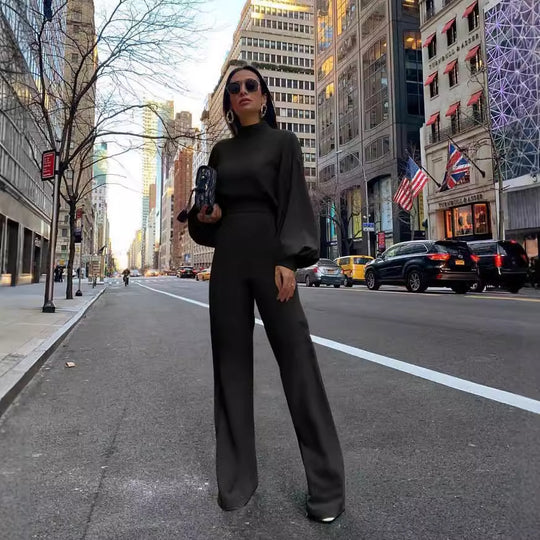 Damen Eleganter Jumpsuit mit weiten Ärmeln und hohem Kragen EB