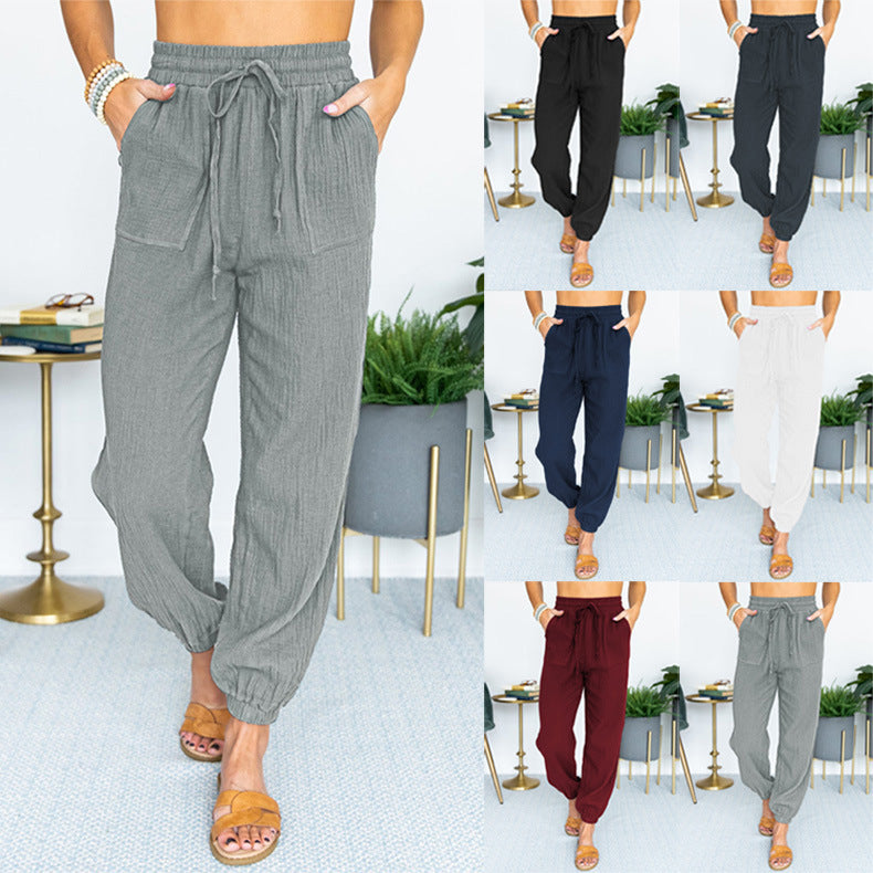 Damen nan leichte Leinenoptik Freizeit-Hose mit hohem elastischem Bund, Kordelzug, aufgesetzten Taschen und elastischen Knöchelbündchen EB