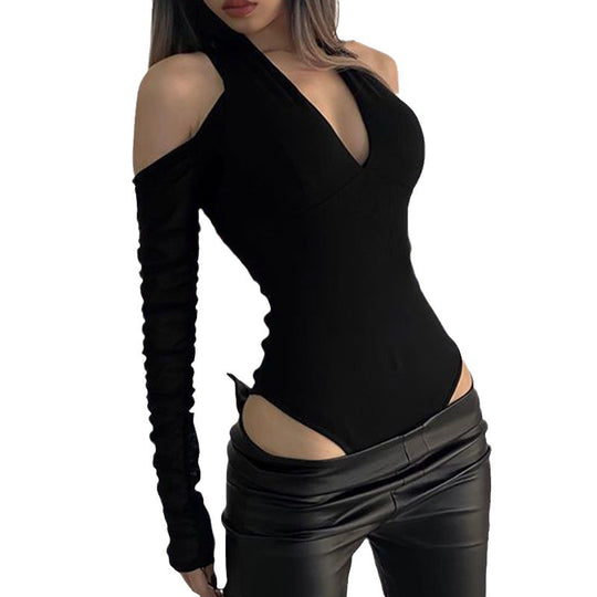 Damen Körperbetonter Langarm-Bodysuit mit tiefem V-Ausschnitt und raffinierten Rüschendetails EB