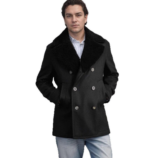 Herren elegante Wolle-Mantel mit hochgeschlossenem Fellkragen EB