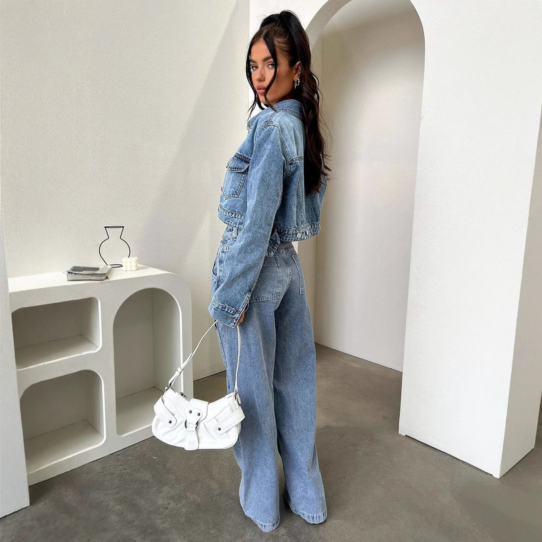 Damen nan High‑Waist Utility-Denimhose mit aufgesetzten Knie-Patches, Cargo‑Taschen und weitem Schlag EB