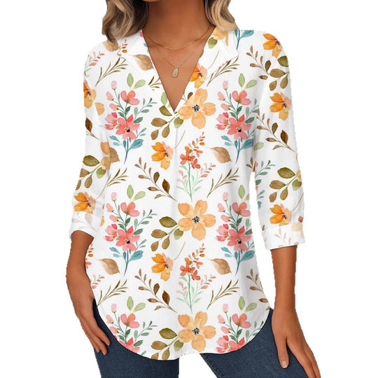 Damen Florale V-Ausschnitt Tunika-Bluse mit dreiviertel-Ärmeln und abgerundetem Saum EB