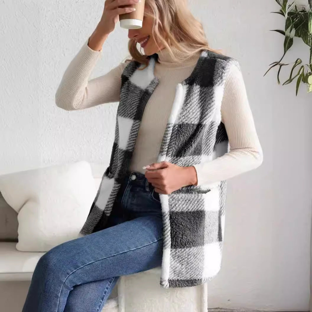 Damen Weicher Plaid-Weste mit seitlichen Taschen und gemütlichem Schnitt EB