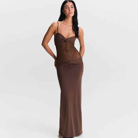 Damen Elegantes Maxikleid mit raffinierten Knotendetails und durchscheinendem Obermaterial EB