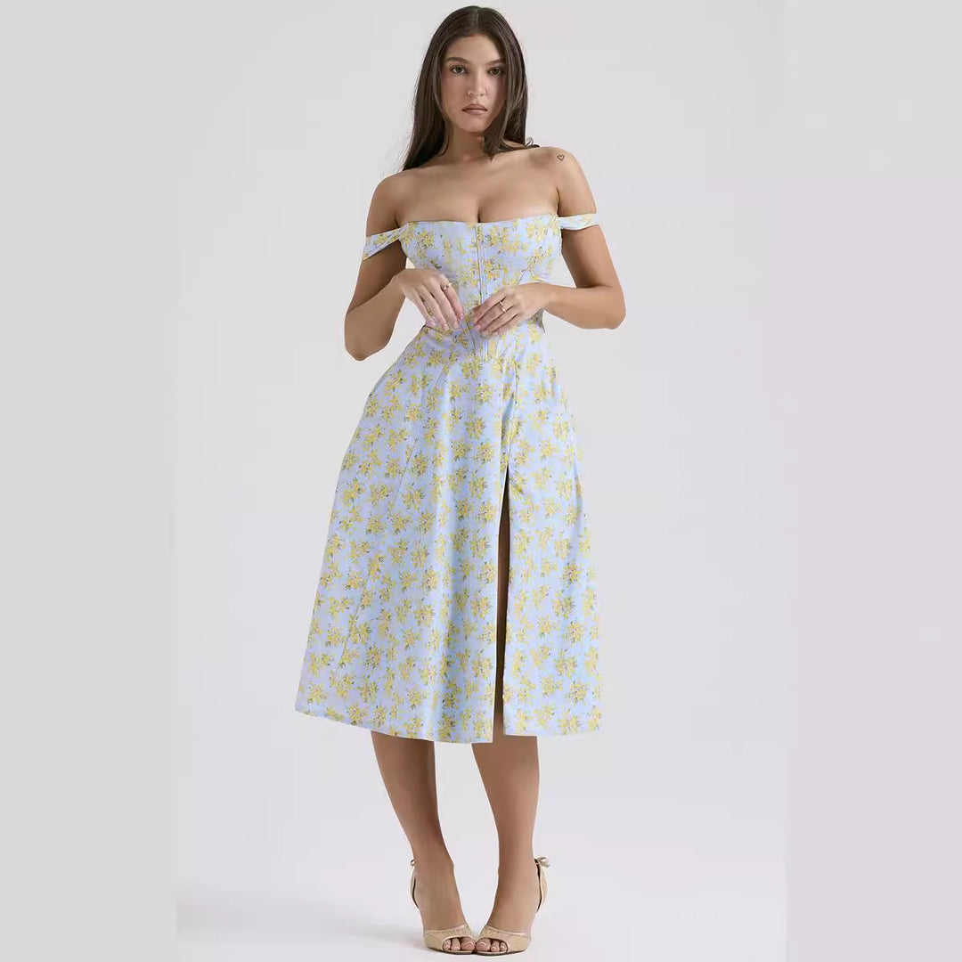 Damen Midikleid mit schulterfreiem Design und floralem Muster EB