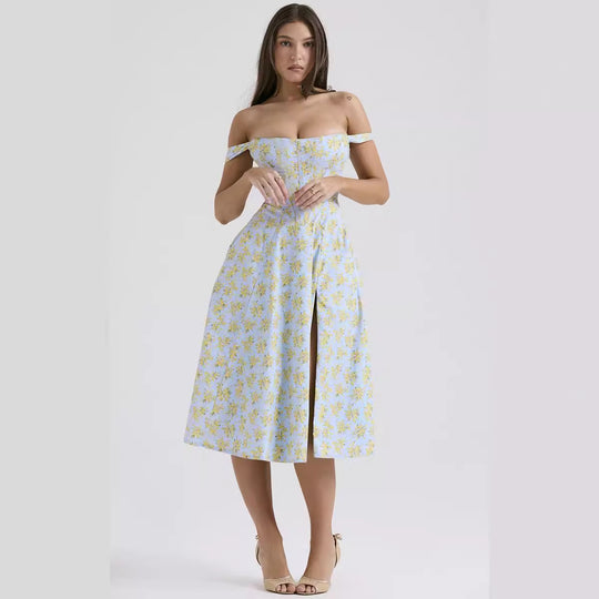 Damen Midikleid mit schulterfreiem Design und floralem Muster EB