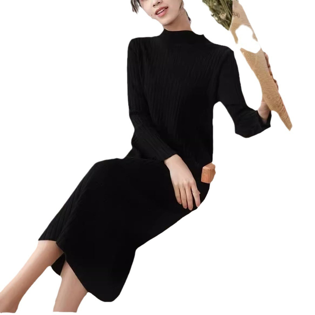 Damen Strickkleid mit feiner Rippstruktur und hohem Kragen EB