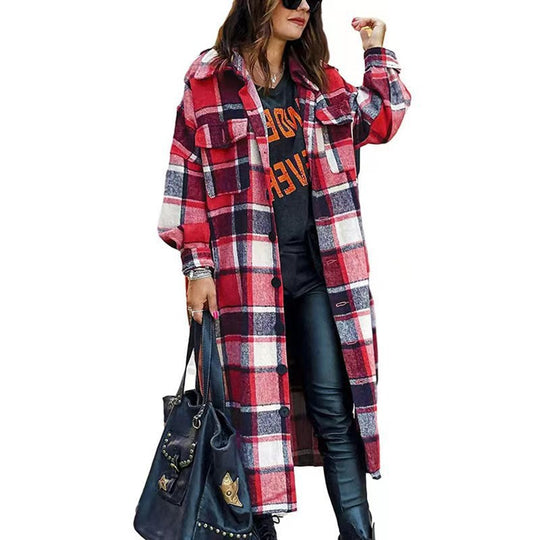 Damen Langarm-Wolljacke mit Karomuster und praktischen Taschen EB