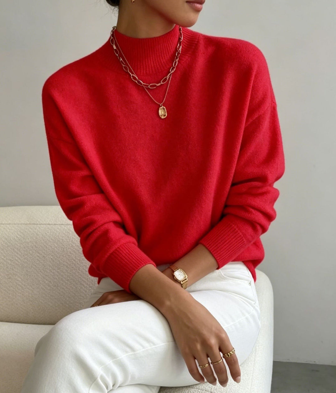 Damen kuscheliger Feinstrickpullover mit Stehkragen und überschnittener Schulter EB