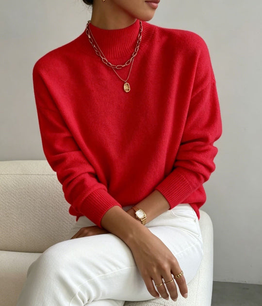 Damen kuscheliger Feinstrickpullover mit Stehkragen und überschnittener Schulter EB