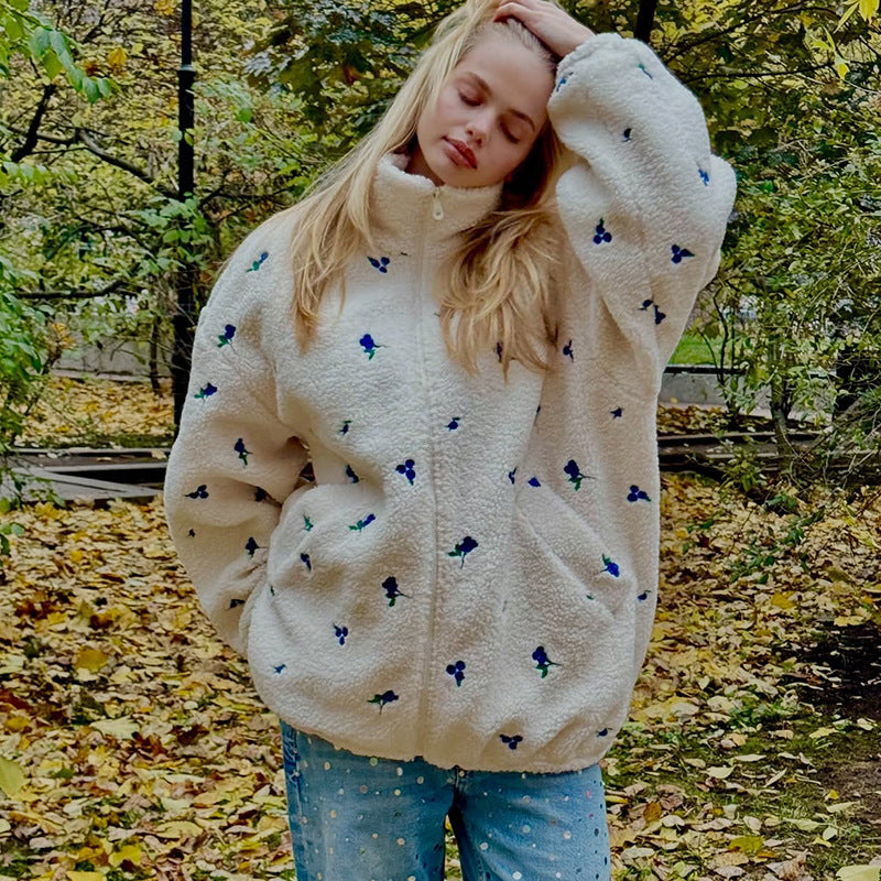 Damen kuschelige Fleecejacke mit Blumenstickerei EB