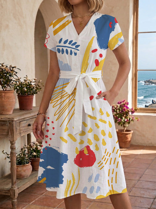 Damen Midikleid mit farbenfrohem Blumendesign und taillierbarem Bindegürtel EB