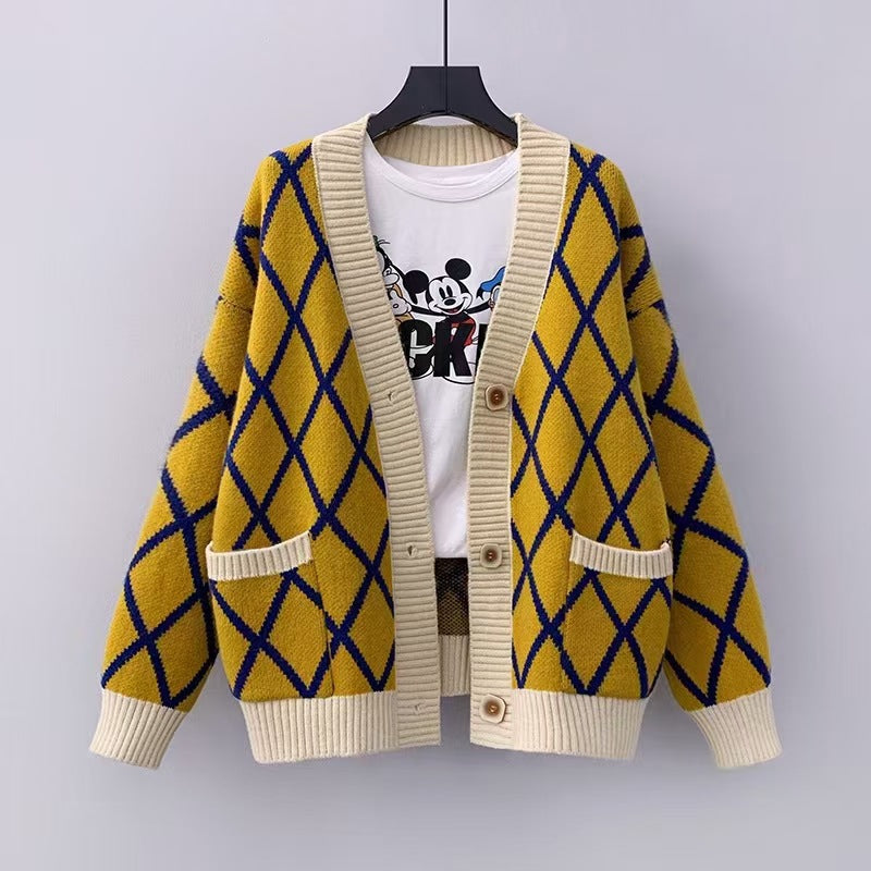 Damen Grobstrickcardigan mit Karomuster EB