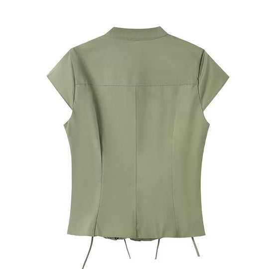 Damen Kurzarmbluse mit eleganter Raffung und praktischen Taschen EB
