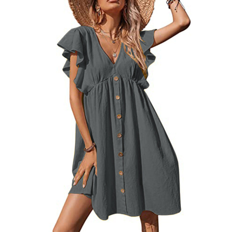 Damen Luftiges Sommerkleid mit verspielten Rüschendetails und Knopfverschluss EB