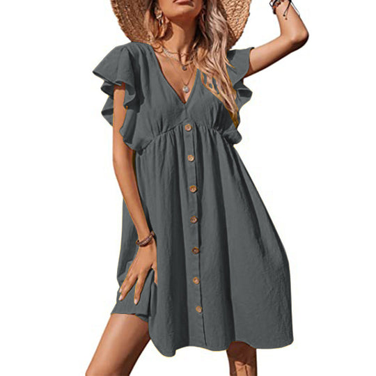 Damen Luftiges Sommerkleid mit verspielten Rüschendetails und Knopfverschluss EB