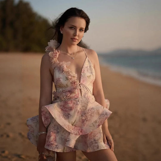 Damen Verspielt geschnittenes Minikleid mit Volant und floralen Rüschendetails EB