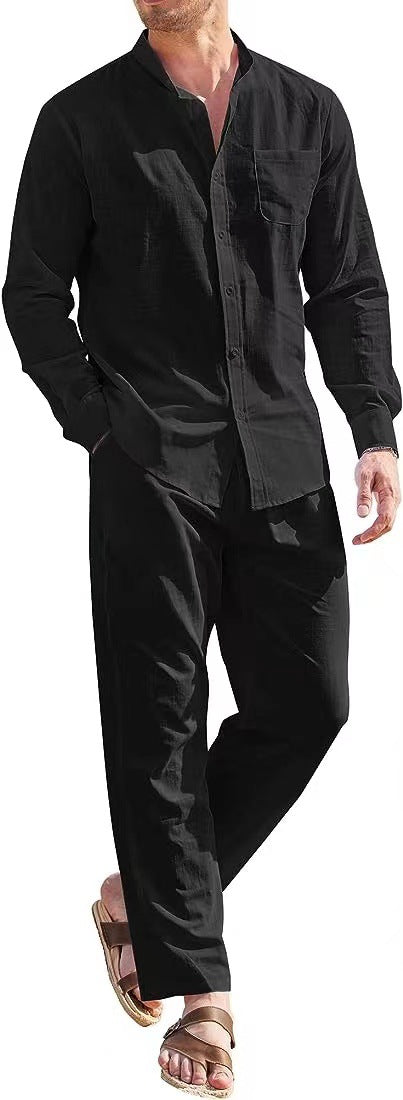 Herren lässiges Leinenanzugset mit offenem Kragen und seitlichen Taschen EB