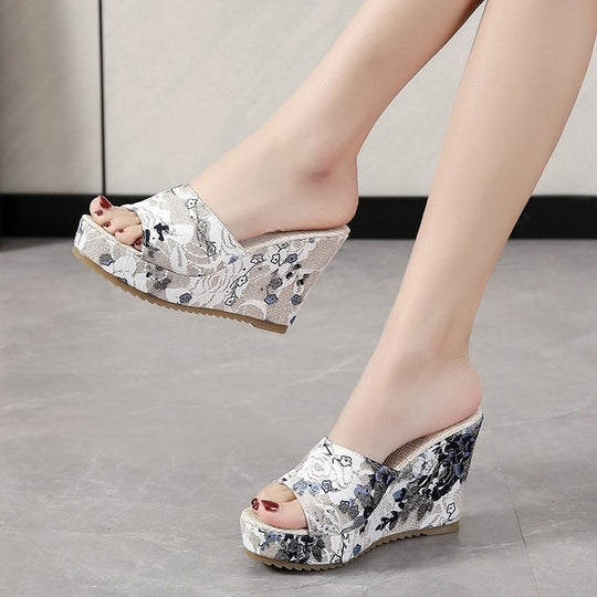 Damen Florale Brokat-Mules mit geflochtenem Jute-Plateau und ergonomischem Komfortfußbett EB