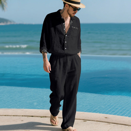Herren Leinenoptik-Loungewear-Set mit Kordelzughose und offenem Hemdjacke EB