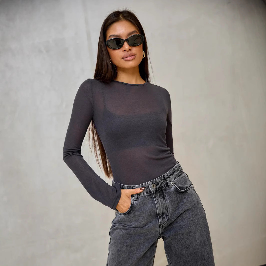 Damen Langarmshirt mit eleganten V-Ausschnitt und feinem Netzstoff EB
