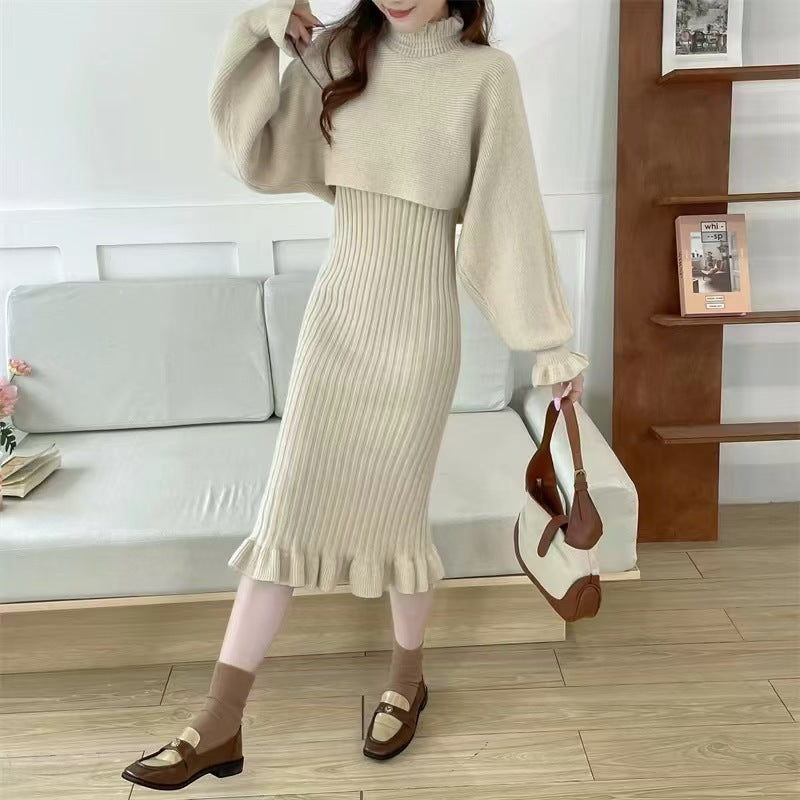 Damen Strickkleid mit hochgeschlossenem Kragen und Rippstruktur EB