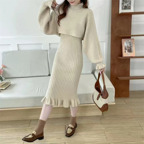 Damen Strickkleid mit hochgeschlossenem Kragen und Rippstruktur EB