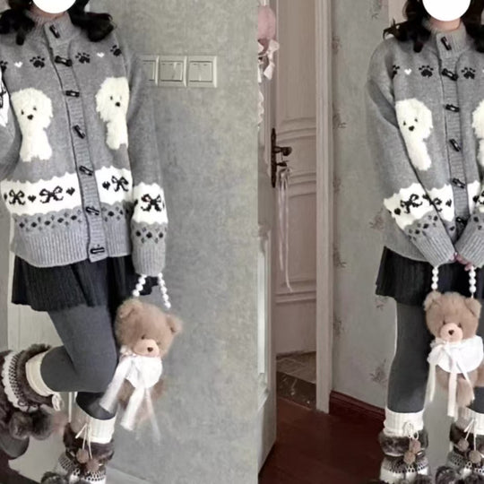 Damen Gemusterte Strickjacke mit tierischem Motiv und Knopfdetails EB