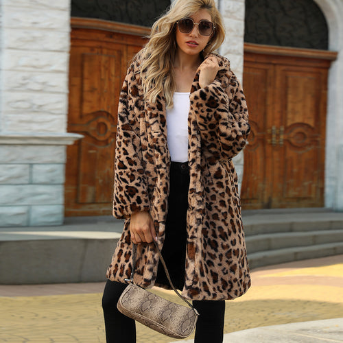 Damen Luxuriöser Fleece-Mantel mit Leopardenmuster EB