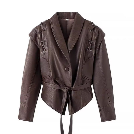 Damen Kunstlederjacke mit edlem Bindegürtel und raffinierten Schnürdetails EB
