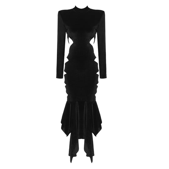 Damen elegantes langes Kleid mit innovativem Cut-Out und voluminösem Saum EB