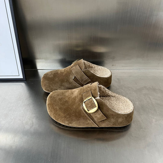Damen Gepolsterte Wildleder-Clogs mit praktischer Schnallenverzierung EB