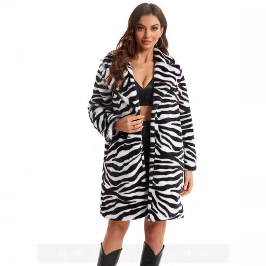 Damen Stylish und flauschiger Kunstfellmantel mit Zebra-Design EB
