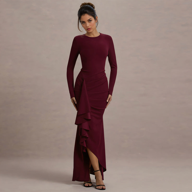 Damen elegantes Maxikleid mit asymmetrischem Rüscheneinsatz und langer Silhouette EB