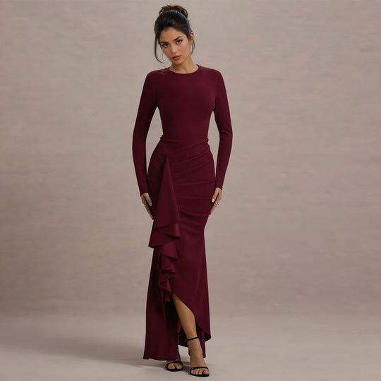 Damen elegantes Maxikleid mit asymmetrischem Rüscheneinsatz und langer Silhouette EB