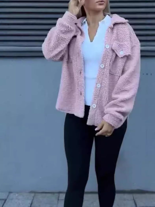 Damen Teddyjacke mit modischen Taschen und Knopfverschluss EB