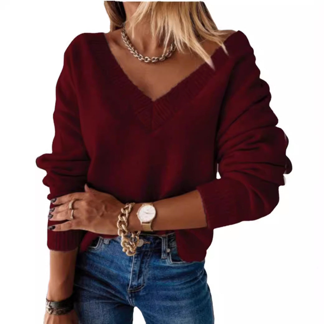 Damen lässiger V-Ausschnitt Pullover aus weichem Strick EB