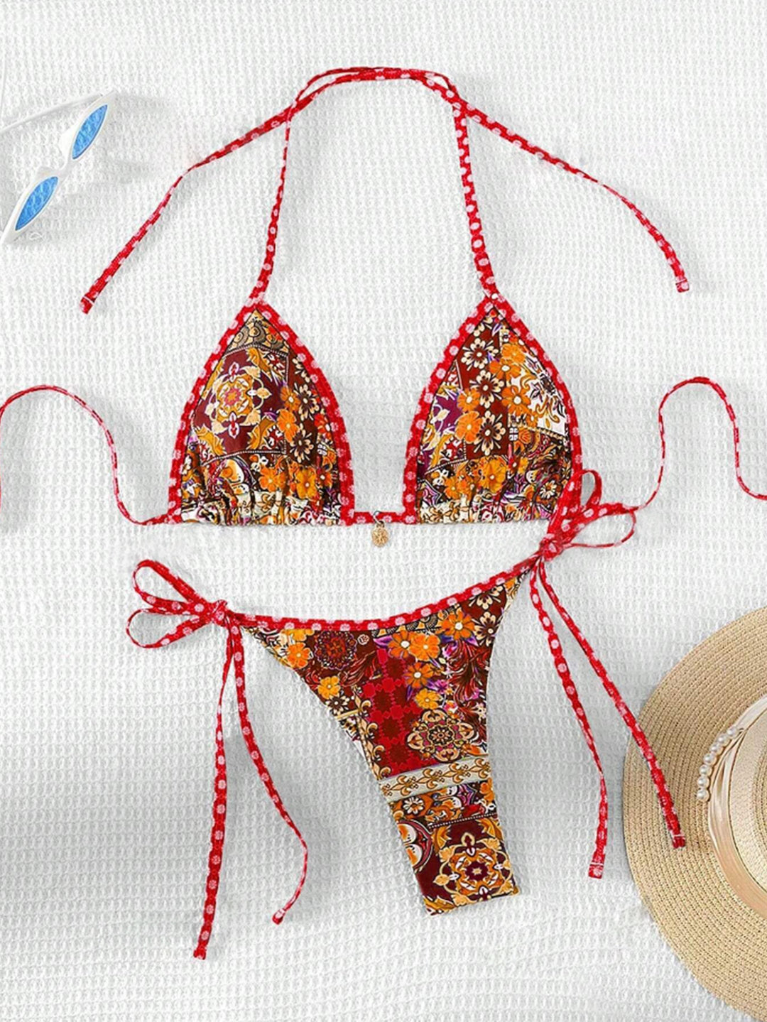 Damen Triangel-Bikini mit floralem Design und verstellbaren Bändern EB