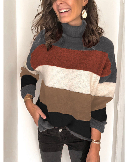 Damen modischer Strickpullover mit hohem Kragen und breitem Streifenmuster EB
