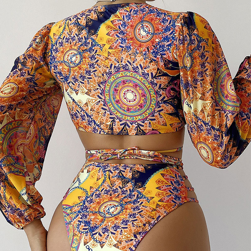 Damen Bikiniset mit langem Arm und verspielten Strapsen EB