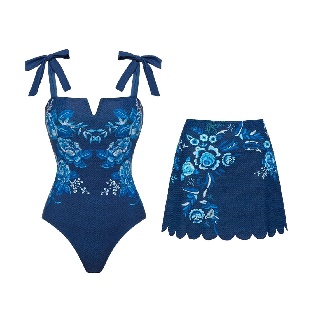 Damen V-Ausschnitt Badeanzug mit verspielten Schleifen und floralen Stickereien EB