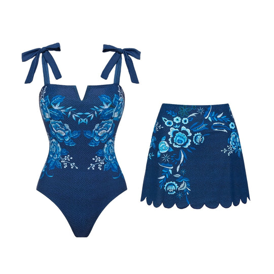 Damen V-Ausschnitt Badeanzug mit verspielten Schleifen und floralen Stickereien EB