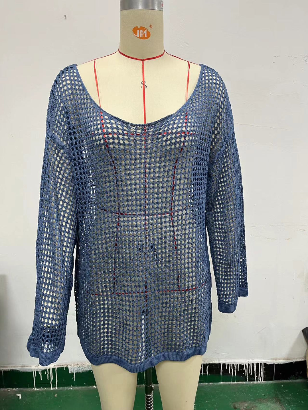 Damen lässiger Netzpullover mit weitem Schnitt und U-Boot-Ausschnitt EB