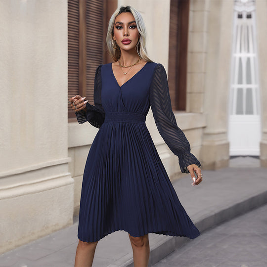 Damen Plissiertes Midi-Kleid mit Transparent em Spitzenärmeln und eleganter Taillierung EB