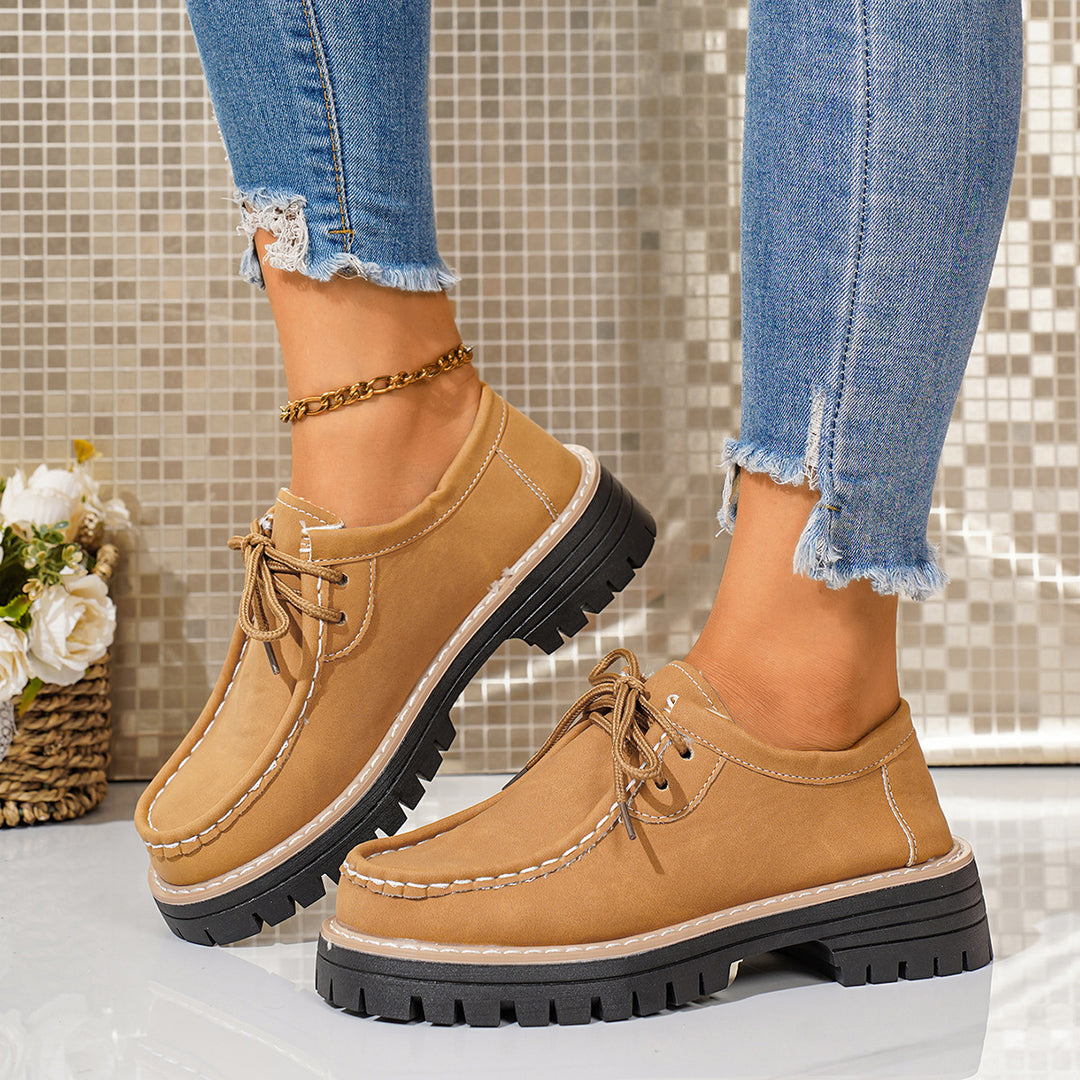 Damen elegante Derby-Schnürer aus Lederimitat mit Mokassinnaht und grober Profilsohle EB