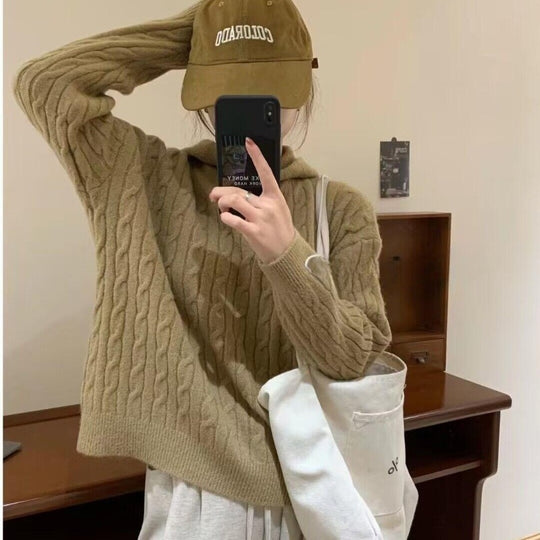 Damen Kuscheliger Strickpullover mit Kapuze und Kabelmuster EB
